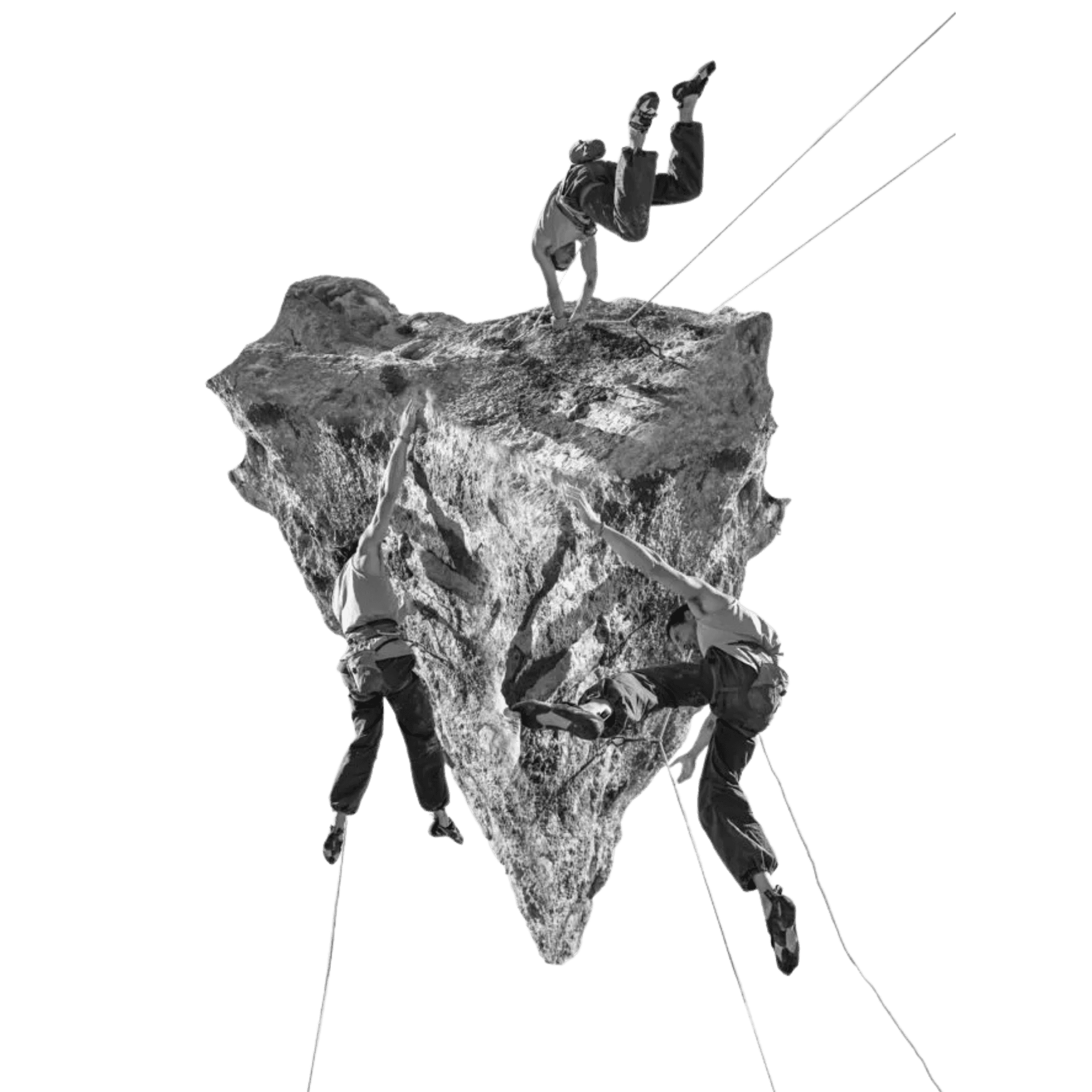 Three climbers rappelling from a floating boulder